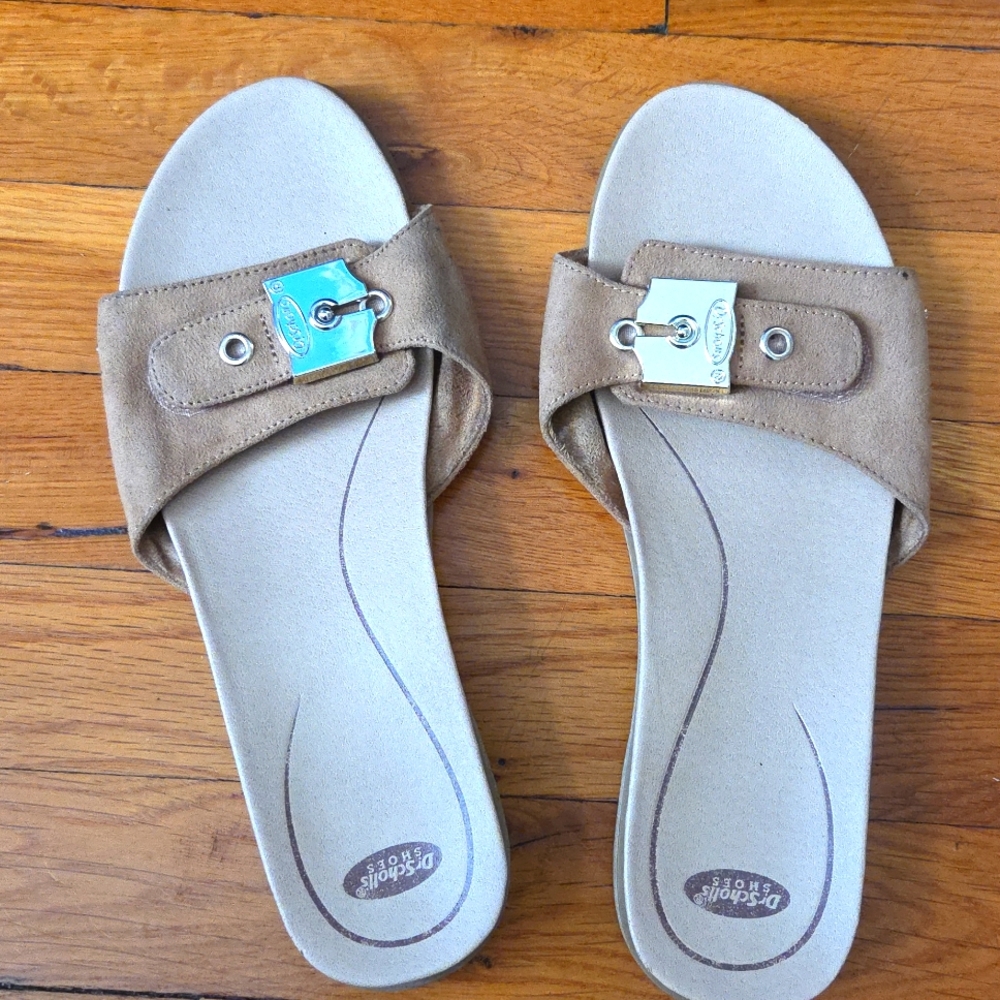 Dr. Scholl's Tan Suede Slide Sandals with Silver Buckle